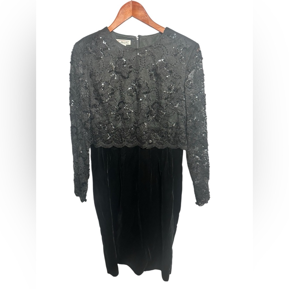 Talbots Black Sequin Dress Long Sleeve Velvet 8